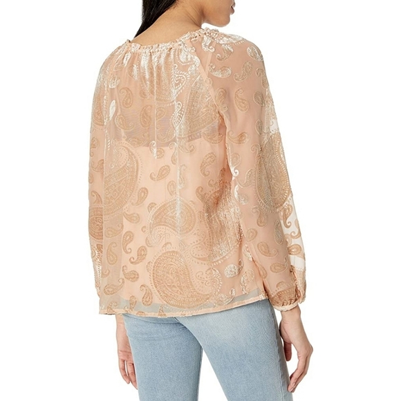 Nanette Lepore Burnout Velvet Paisley Peasant Blouse Pale Gold - Picture 2 of 9